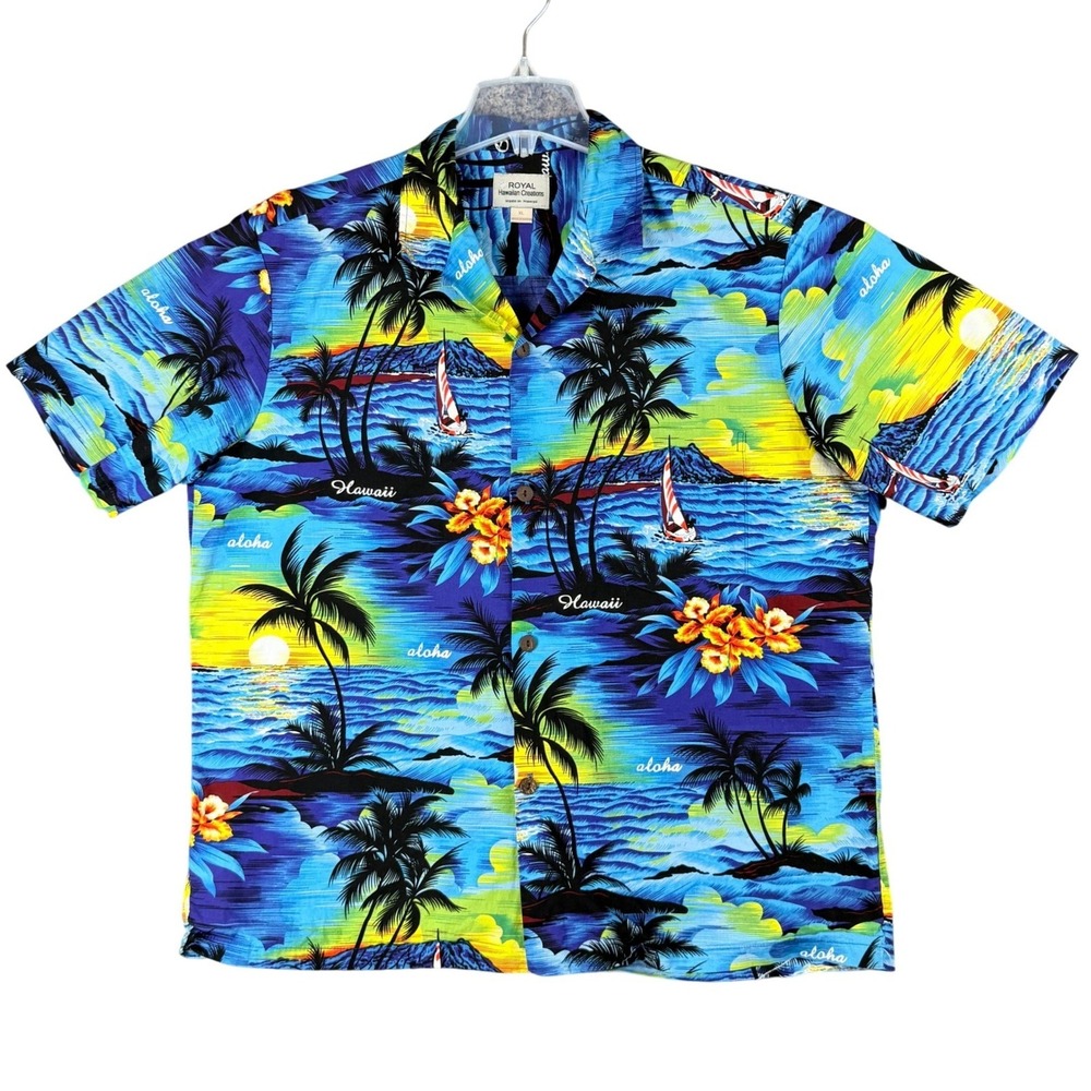 Royal Hawaiian Creations Men's XL Aloha Shirt Blue Scenic Boat Tropical Sunset